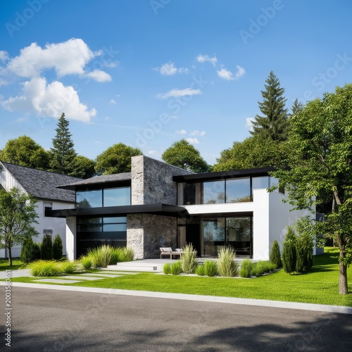 Modern House Surrounded by Trees and Grass on a Clear Day
