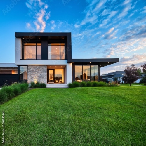 Modern House Design With Large Windows and Green Lawn at Sunset in a Suburban...