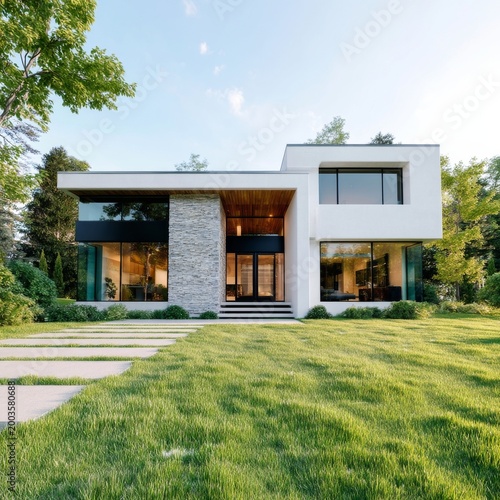 Modern House Design With Large Windows and Green Lawn at Sunset in a Suburban...
