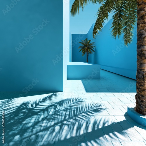 Bright Blue Walls and Palm Trees Create a Sunny Space in the Afternoon Light