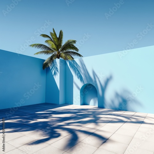 Unique Blue Wall With a Palm Tree Casting Shadows During Daylight in an Outdo...