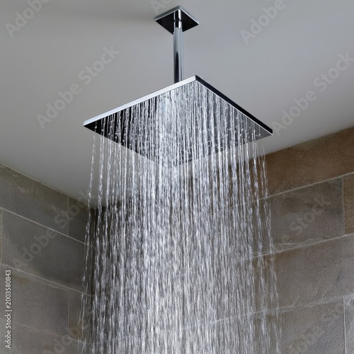 Water Flows From a Square Shower Head in a Bathroom