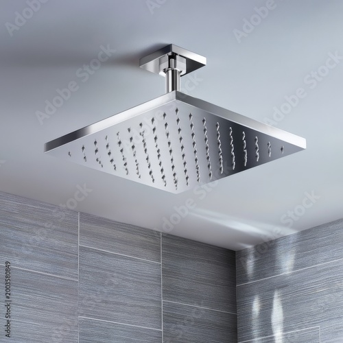 Water Flows From a Square Shower Head in a Bathroom