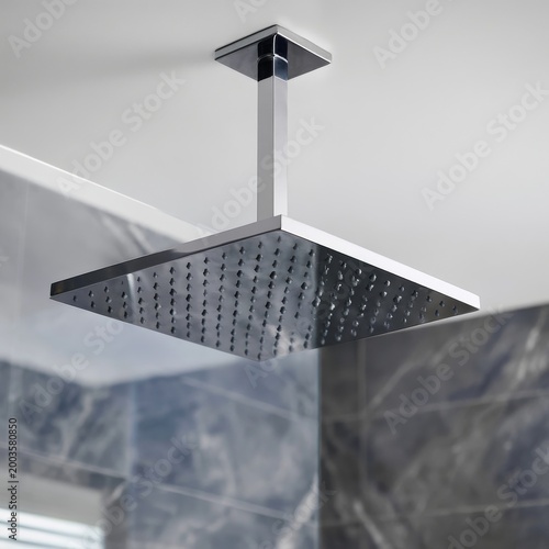 Shower Head Installed in Modern Bathroom With Gray Tiles and Large Windows fo...