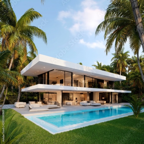 Modern House With Swimming Pool Surrounded by Palm Trees in Sunny Weather
