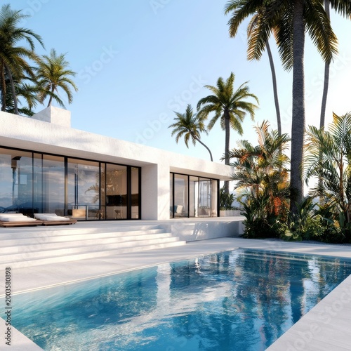 Modern House With Swimming Pool Surrounded by Palm Trees in Sunny Weather