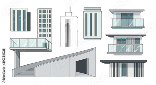 Collection of modern building facades and architectural elements