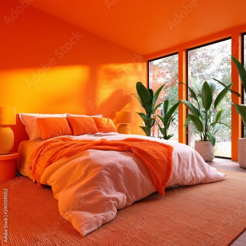 Bright Orange Bedroom With Plants and Large Windows Allows Abundant Natural L...