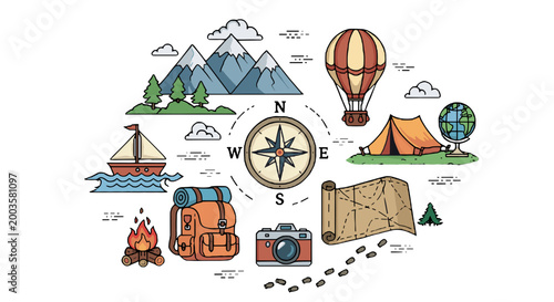 Collection of outdoor adventure and travel icons