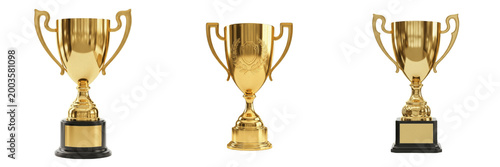 Fotografie Set and collection of gold trophy cup award isolated on white transparent png ba