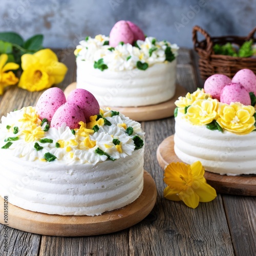 Spring Cakes With Decorations Placed on Wooden Tables and Background With Flo...