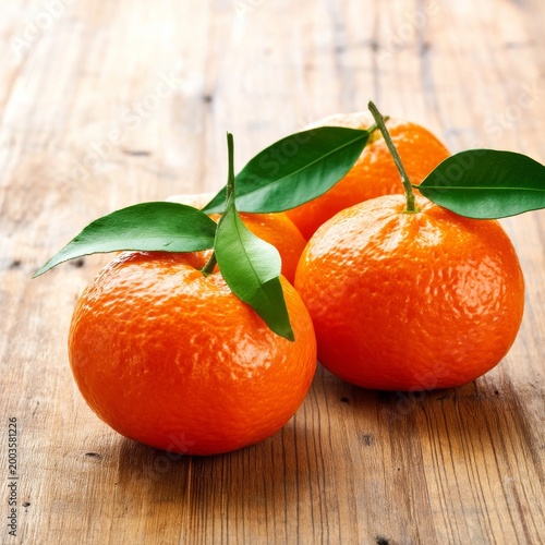 Fresh Oranges Sit on a Wooden Table With Green Leaves in a Warm Light Setting...
