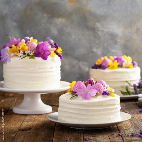 Spring Cakes With Decorations Placed on Wooden Tables and Background With Flo...