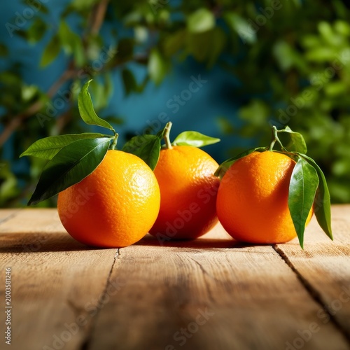 Fresh Oranges on a Wooden Table With Green Leaves in the Background During Da...