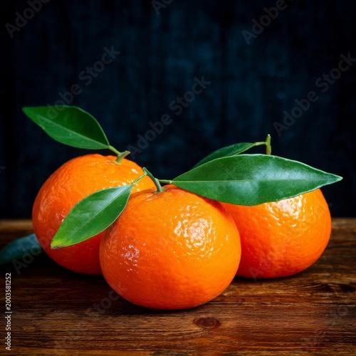 Fresh Oranges With Green Leaves on Wooden Table in Dark Setting