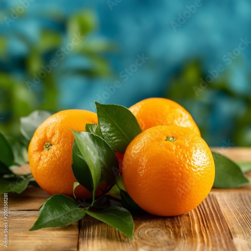 Fresh Oranges on a Wooden Table With Green Leaves in a Bright Background Duri...