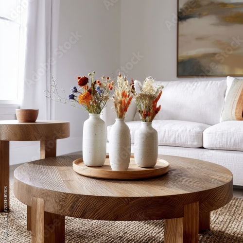 Fresh Flowers in Vases Placed on a Wooden Tray on a Table in a Bright Living ...
