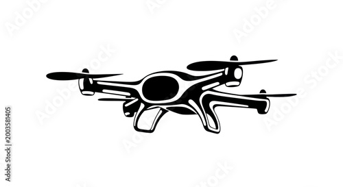 Modern Quadcopter Drone Flying Isolated on White Background, Aerial Technology