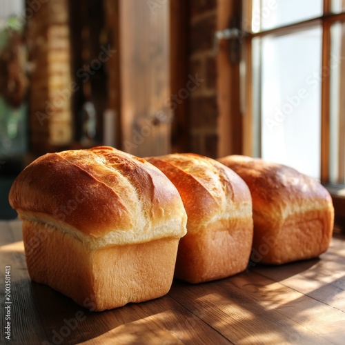 Freshly Baked Bread Loaves on a Wooden Table in a Bright Kitchen