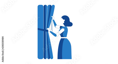 Woman opening blue curtains, clean interior design illustration