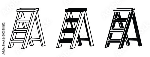 Minimalist stepladder vector icons set, black and white folding step ladder illustrations, industrial hardware equipment symbols for home improvement