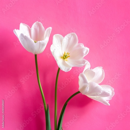 Three White Flowers in a Vase Against a Pink Background in a Bright Setting