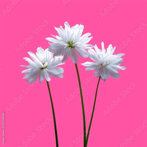 Three White Flowers in a Vase Against a Pink Background in a Bright Setting