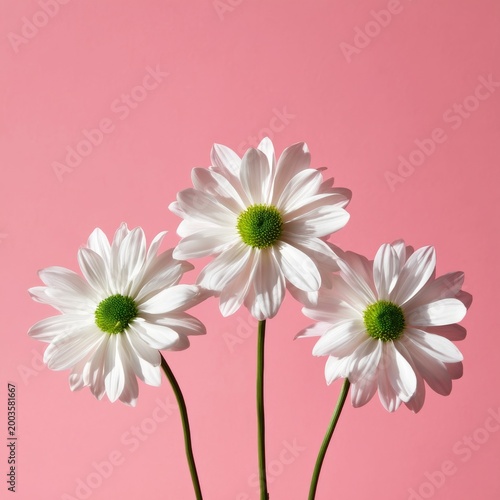 White Flowers With Green Centers Stand Upright Against a Pink Background in a...