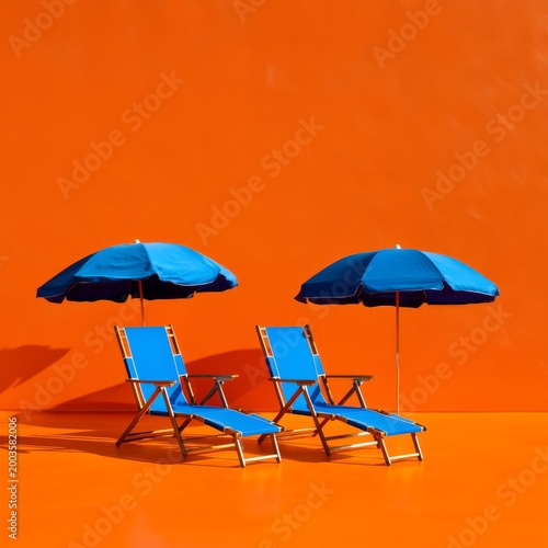 Two White Lounge Chairs With Umbrellas on Orange Ground in Bright Sunlight at...