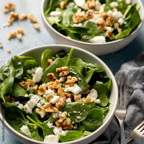 Salad With Spinach, Walnuts, and Cheese Served in Bowls on a Table During Midday