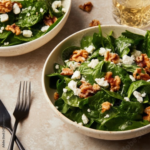 Fresh Spinach Salad With Walnuts and Cheese Prepared in a Kitchen Setting