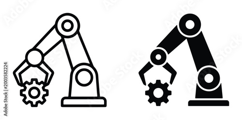 Industrial robotic arm icons, automated factory machine vector set, mechanical manipulator holding gear, black and white manufacturing technology symbols