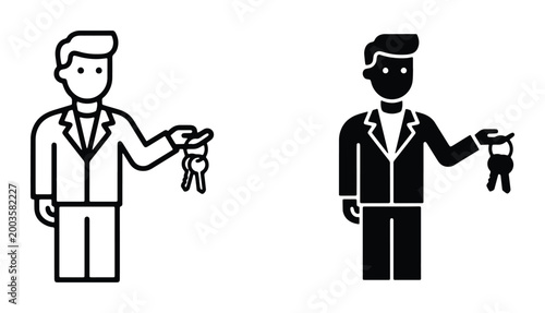 Real estate agent holding house keys vector icon set, professional car dealer giving keys, property manager and landlord silhouette and line art