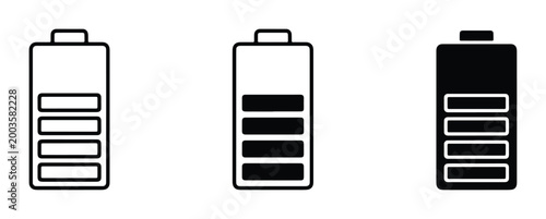 Minimalist battery charge level icon set, black and white power status indicators, 3 vector elements for mobile interface and web design