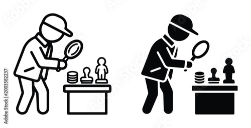 Collector examining antique items with magnifying glass, hobbyist appraising vintage coins and figurines, black and white vector icons