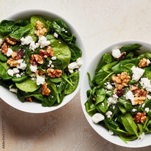 Fresh Spinach Salad With Walnuts and Cheese in Bowls on a Gray Table