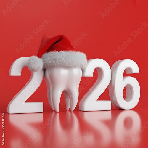 Dental Care New Year 2026 Concept with Tooth and Santa Hat