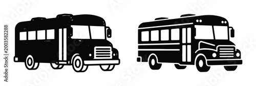 Black school bus vector icons, minimalist school bus silhouettes, set of two educational transport symbols, flat design student shuttle graphics