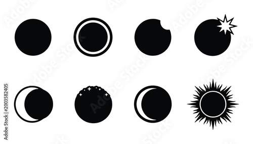 Minimalist solar eclipse vector icons, black celestial moon phases set, 8 astronomical sun and moon symbols for science education and logo design