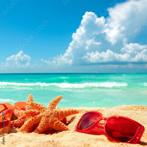 Sunny Beach Scene With Sunglasses and Starfish by the Ocean Under a Blue Sky