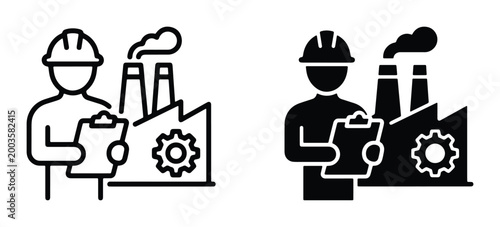 Industrial engineer icon set, factory worker with clipboard vector, manufacturing plant supervisor and production facility management symbols