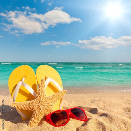 Yellow Flip Flops and Red Sunglasses on Sandy Beach With Blue Water in Bright...