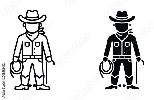 Cowboy character vector icons, western rancher silhouette and line art set, american rodeo man with lasso and hat, wild west outlaw avatar