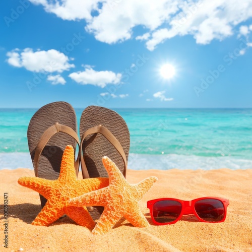 Bright Day at the Beach With Flip Flops, Starfish, and Sunglasses in the Sand
