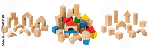 Fotografie Set and collection of wooden toy blocks isolated on white transparent png backgr