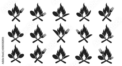 Campfire cooking utensil icons set.