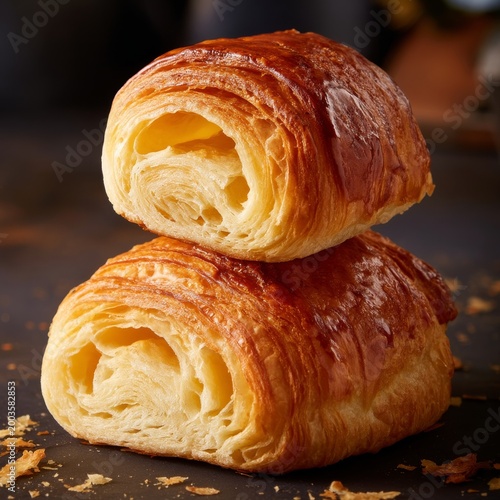 Freshly Baked Croissants Displayed on a Wooden Surface in a Cozy Bakery Setti...