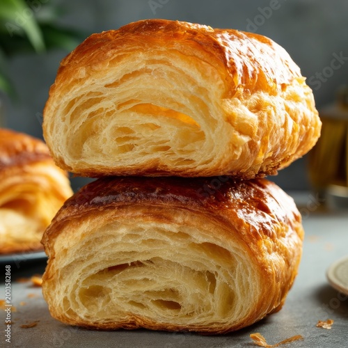 Freshly Baked Croissants Displayed on a Wooden Surface in a Cozy Bakery Setti...