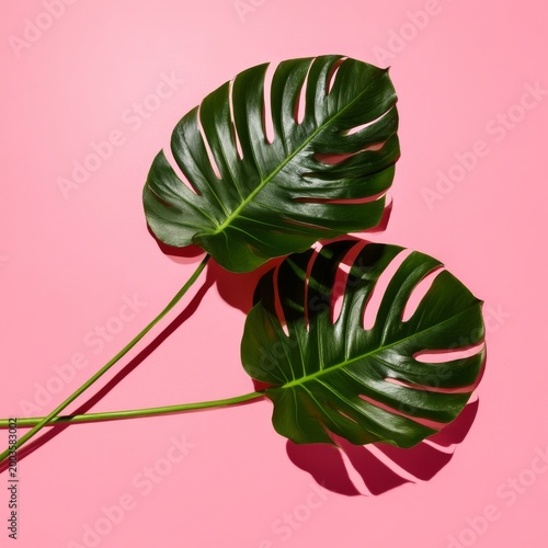 Two Large Green Leaves on a Pink Background in a Simple Arrangement