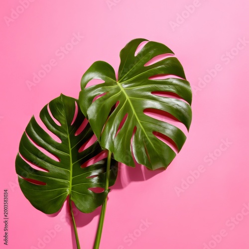 Large Green Leaves on a Bright Pink Background in a Modern Setting